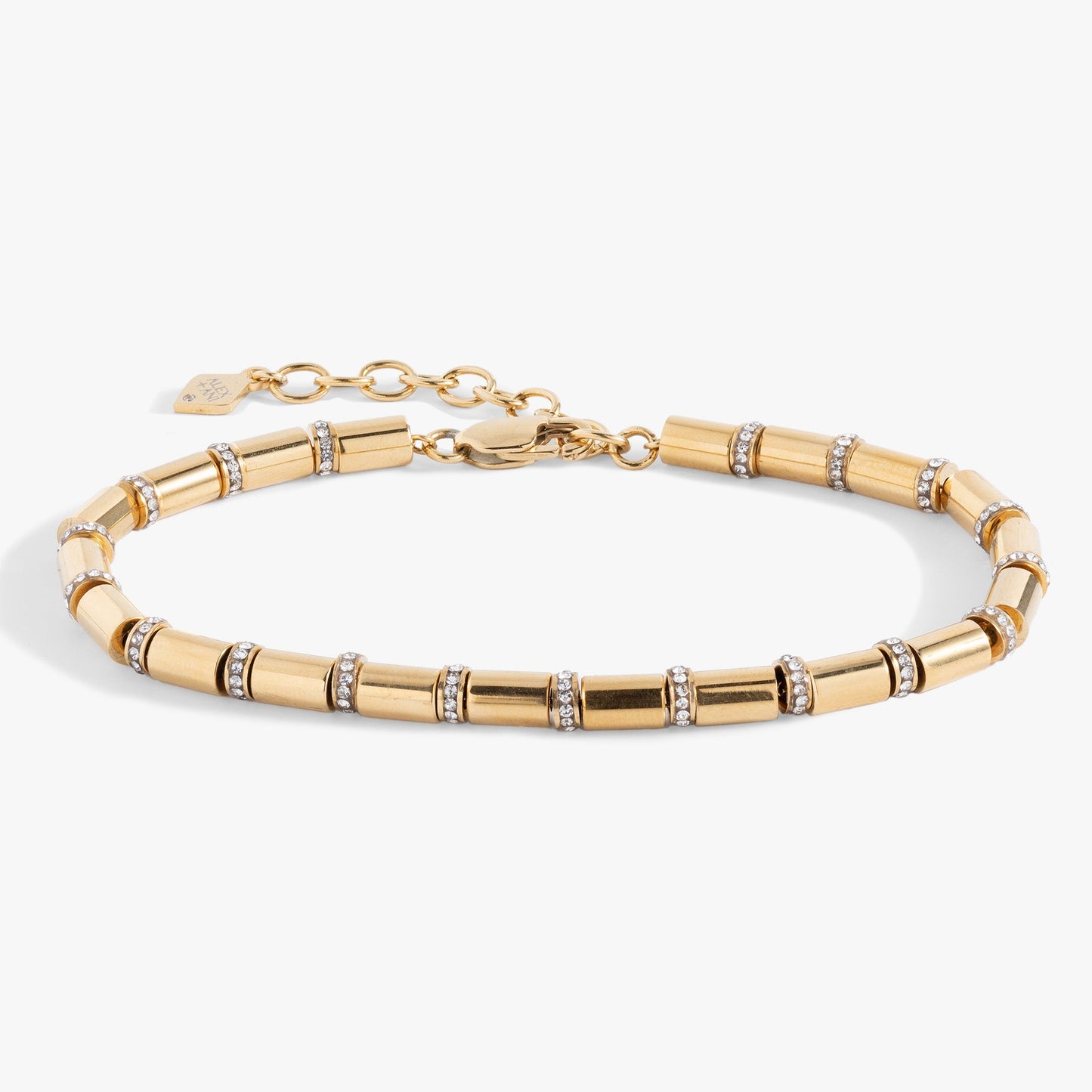 Tube Bead and Crystal Chain Bracelet Stainless Steel Gold