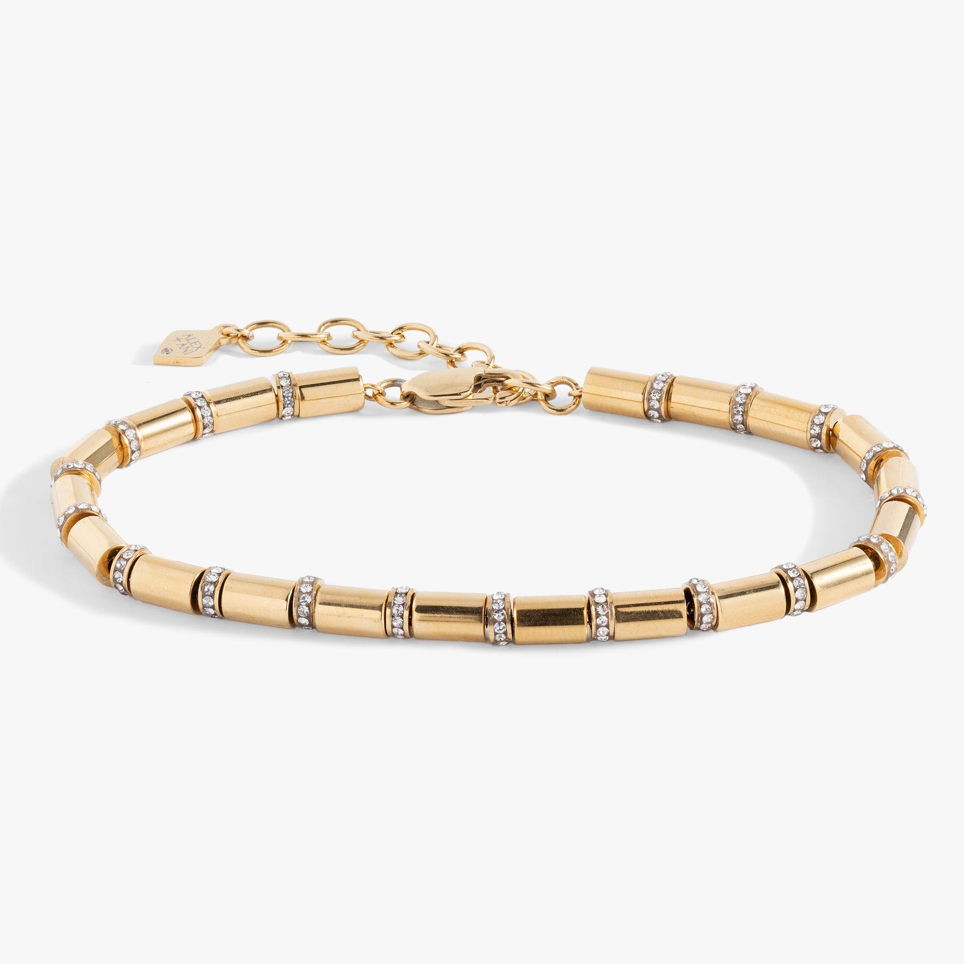 Tube Bead and Crystal Chain Bracelet Stainless Steel Gold