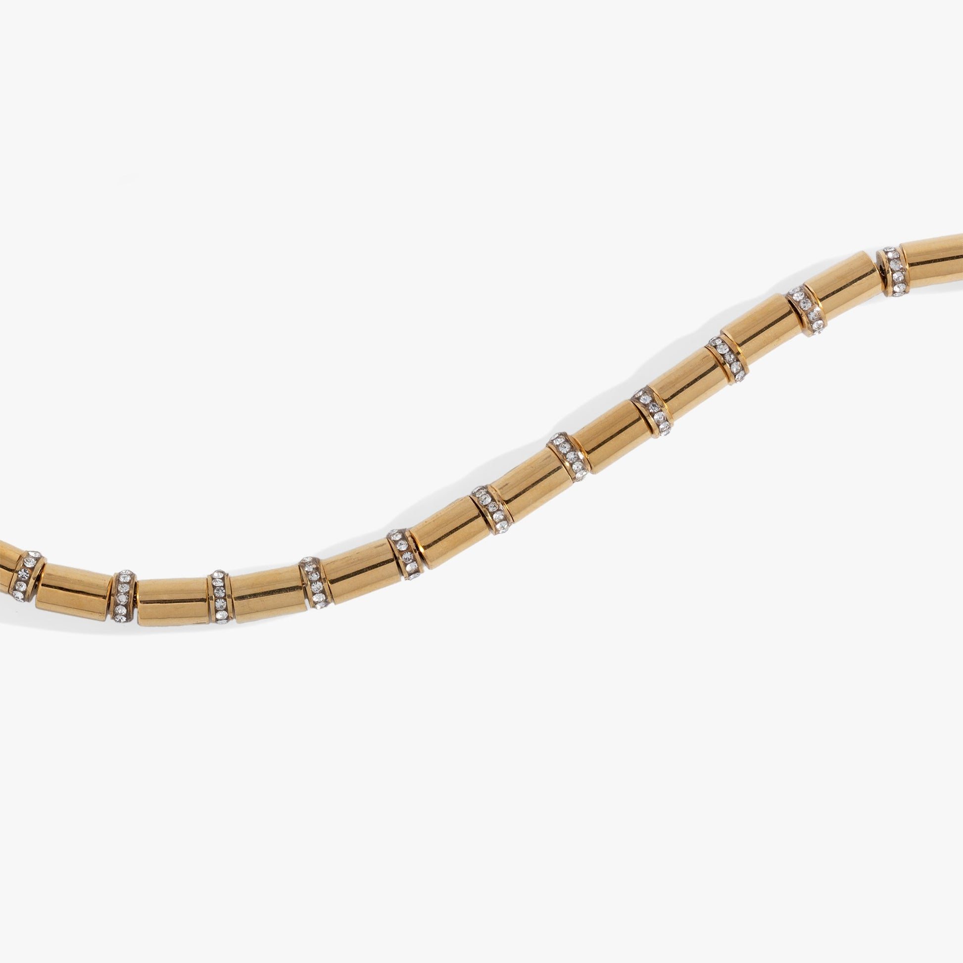Tube Bead and Crystal Chain Bracelet Stainless Steel Gold
