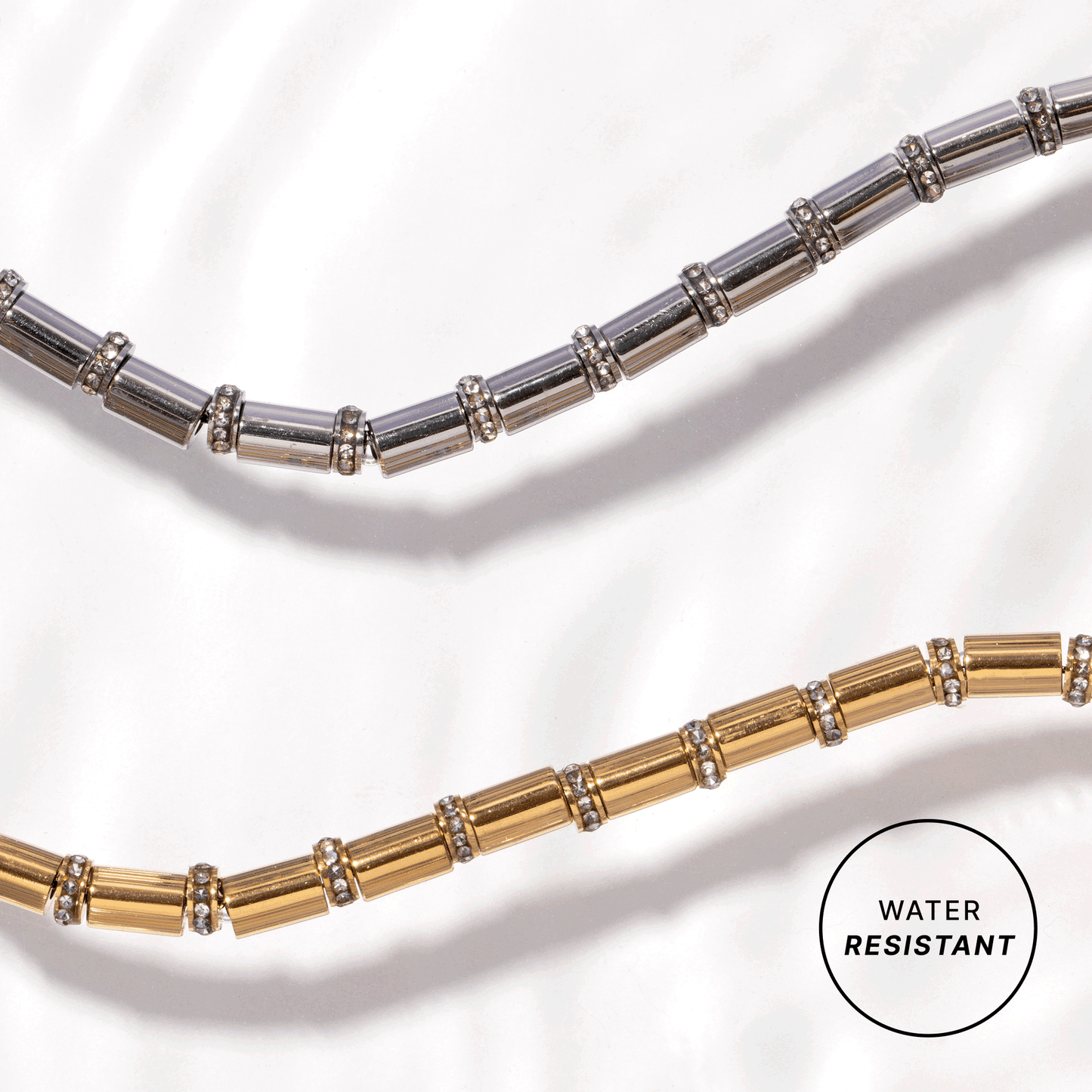 Tube Bead and Crystal Chain Bracelet Stainless Steel Gold