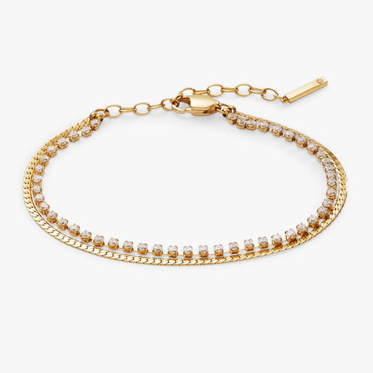 Double Strand Crystal Tennis Chain Bracelet Stainless Steel Gold