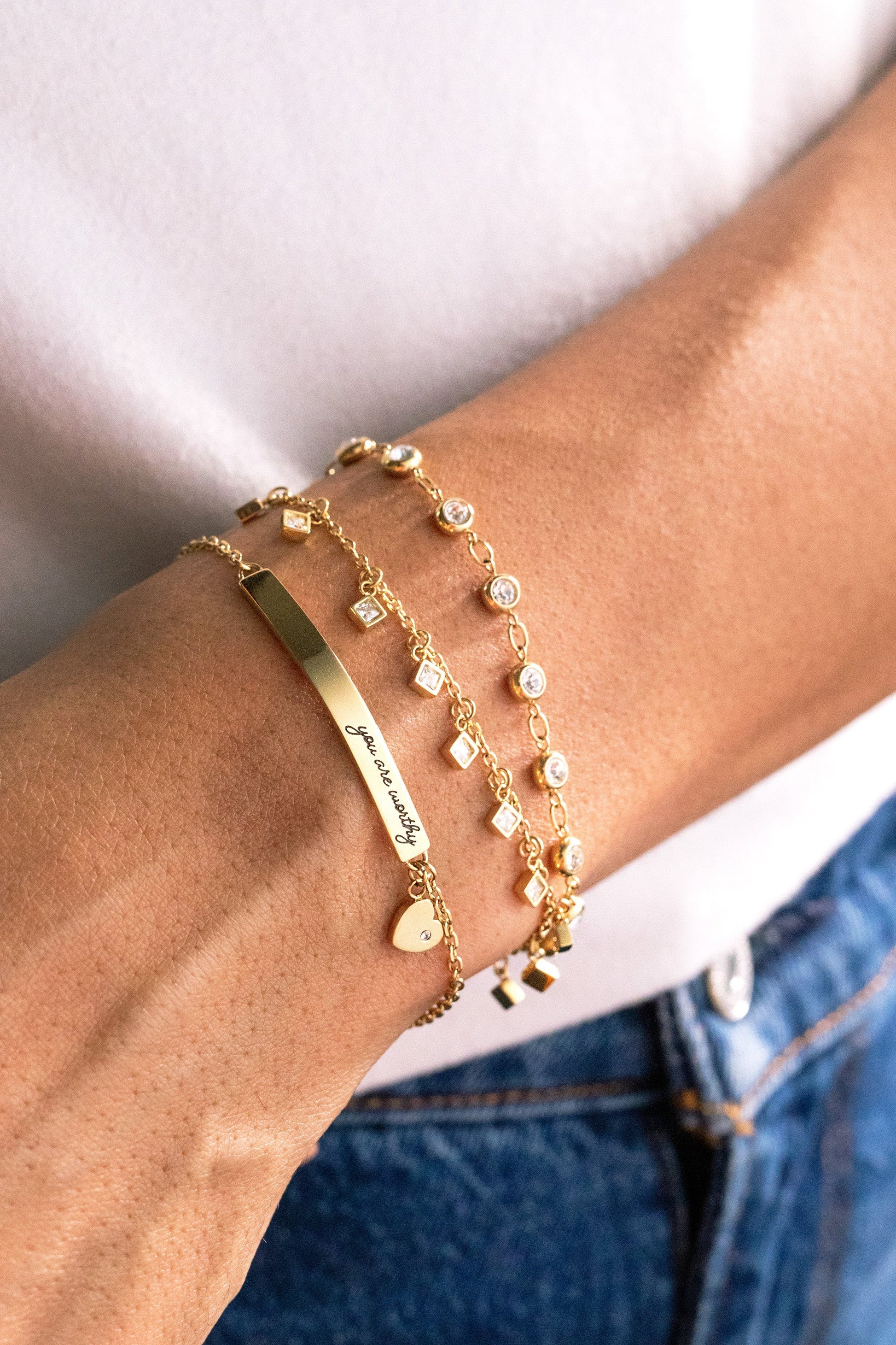 Crystal Pebble Chain Bracelet Stainless Steel Gold