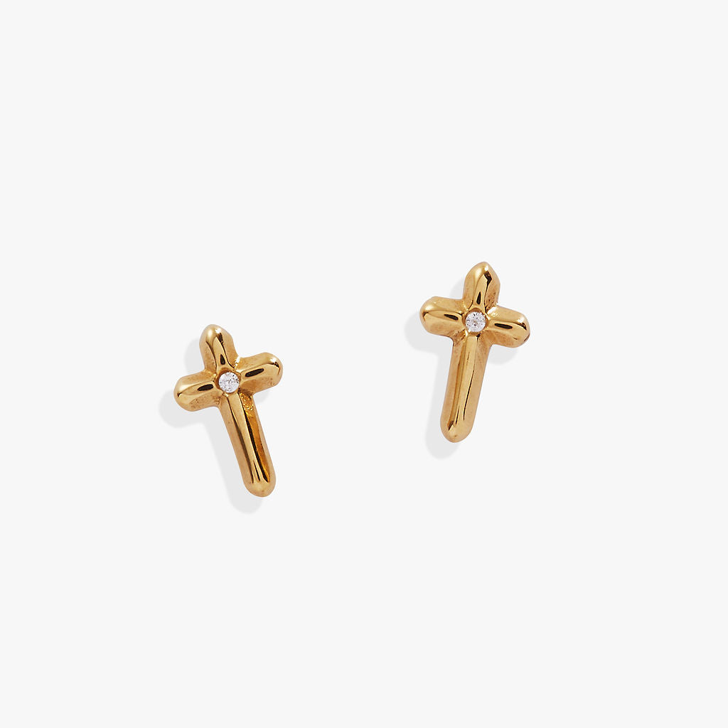 Crystal Cross Mini Stud Earrings Stainless Steel Gold