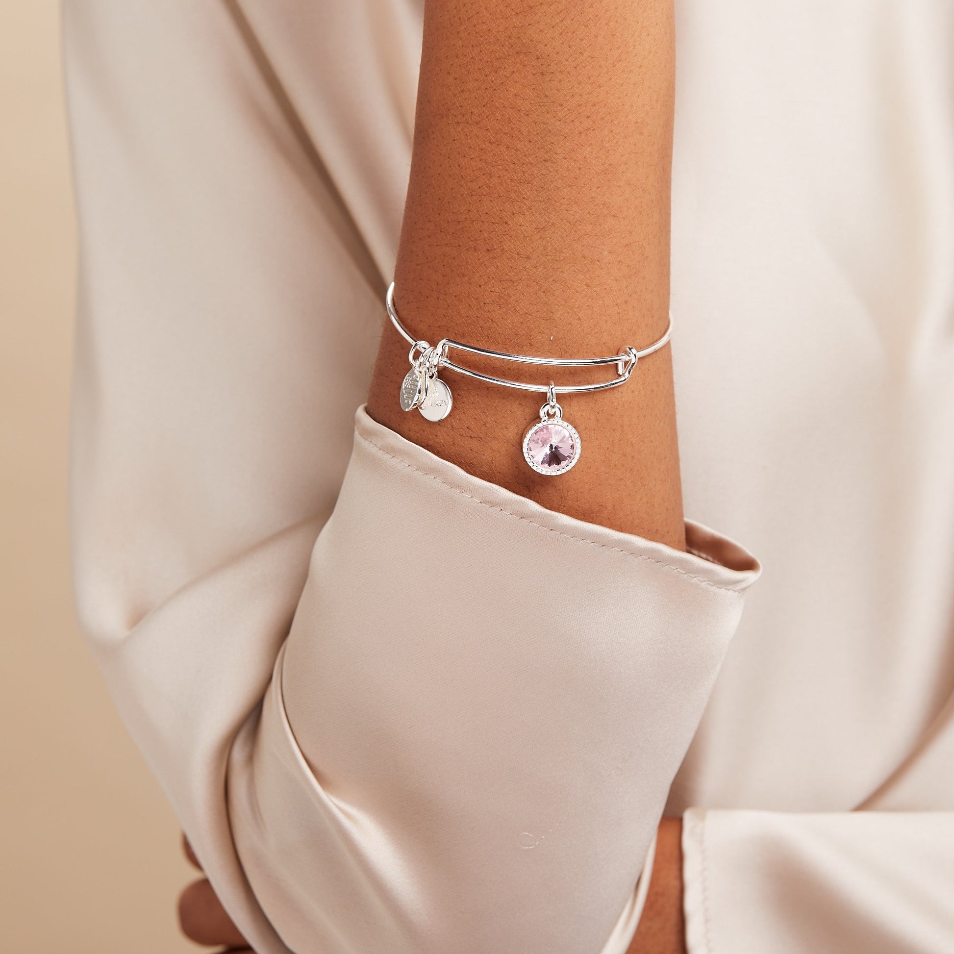 Rose October Birthstone Charm Bangle Silver