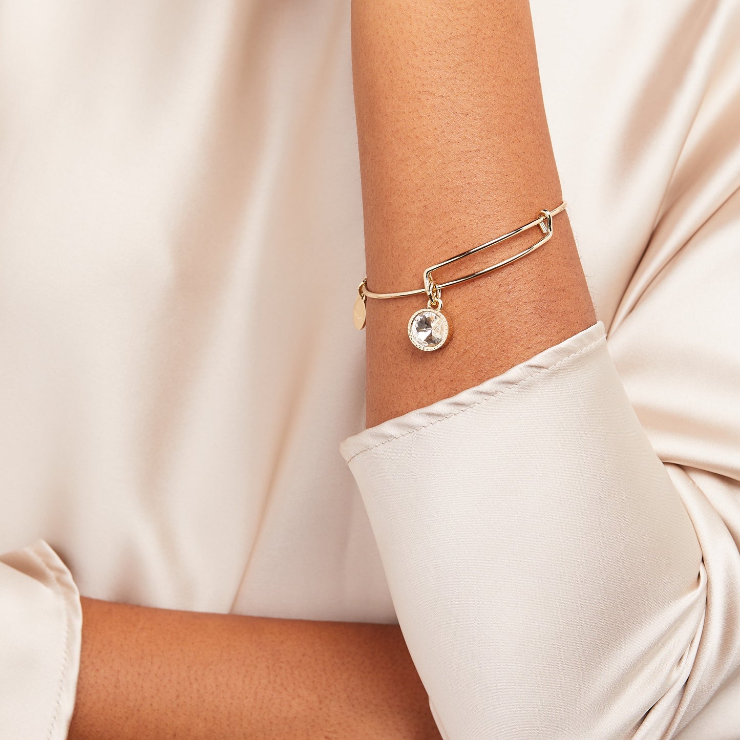Clear Crystal April Birthstone Charm Bangle Gold