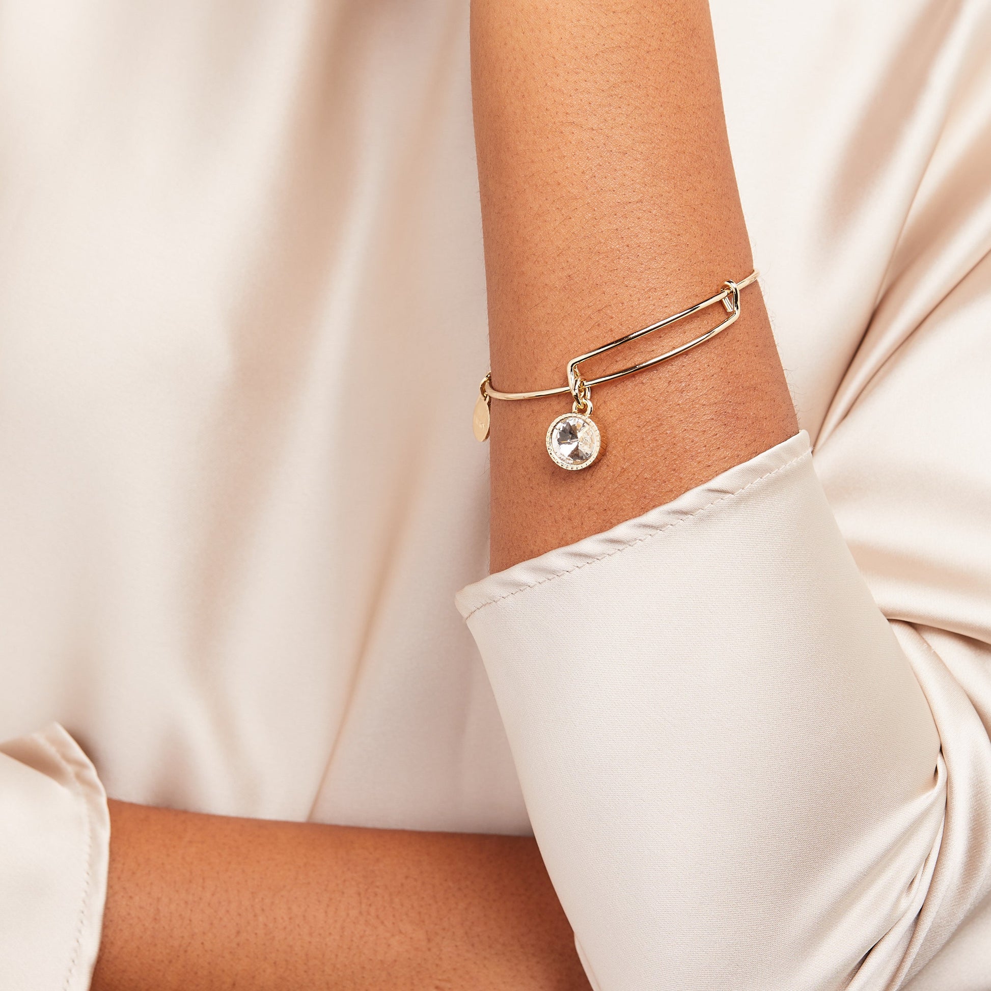 Clear Crystal April Birthstone Charm Bangle Gold