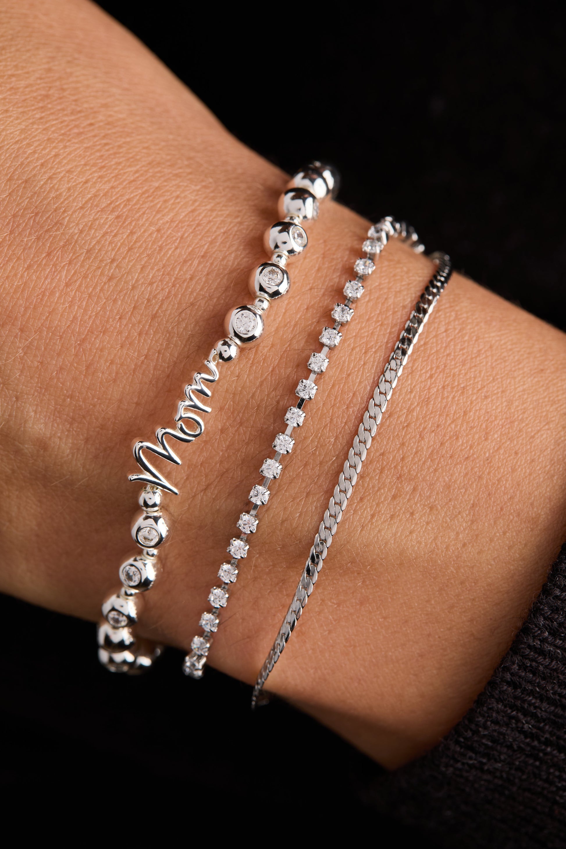 Mom Elongated Crystal Stretch Bracelet Silver