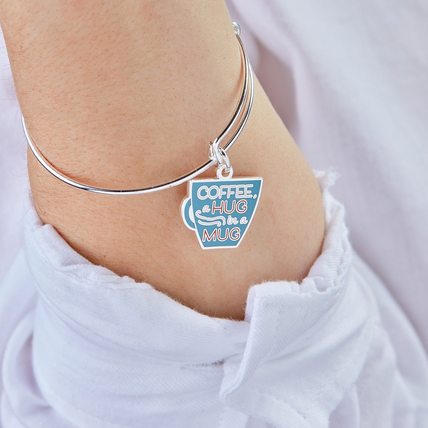 Coffee, A Hug in a Mug' Charm Bangle Bracelet
    
    
    
       Shiny Silver