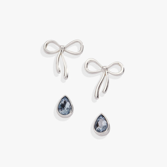 Bridal Bow Duo Stud Earring Set Silver