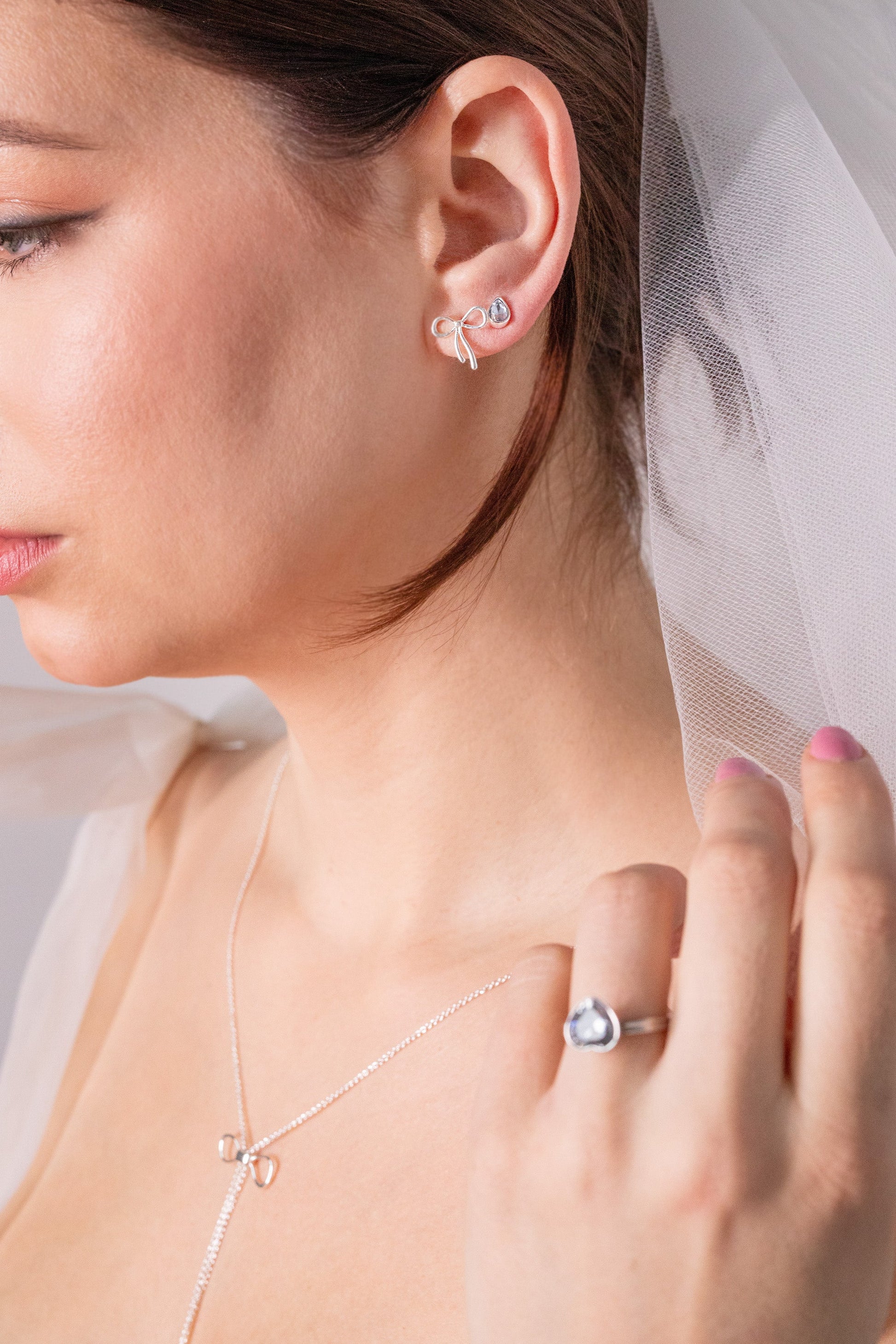 Bridal Bow Duo Stud Earring Set Silver