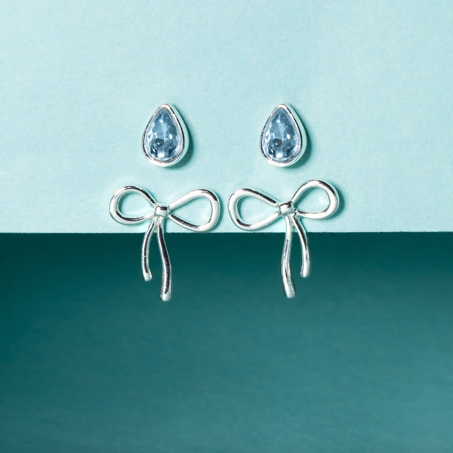 Bridal Bow Duo Stud Earring Set Silver
