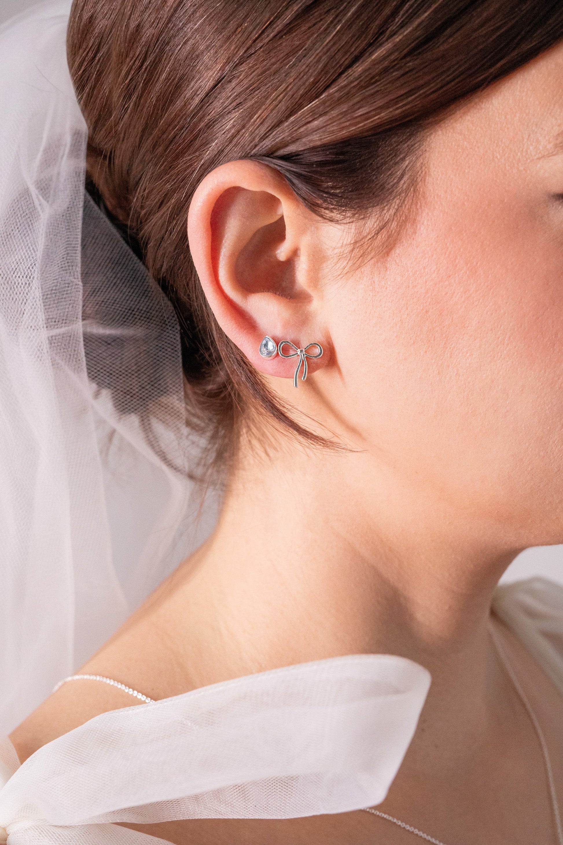 Bridal Bow Duo Stud Earring Set Silver