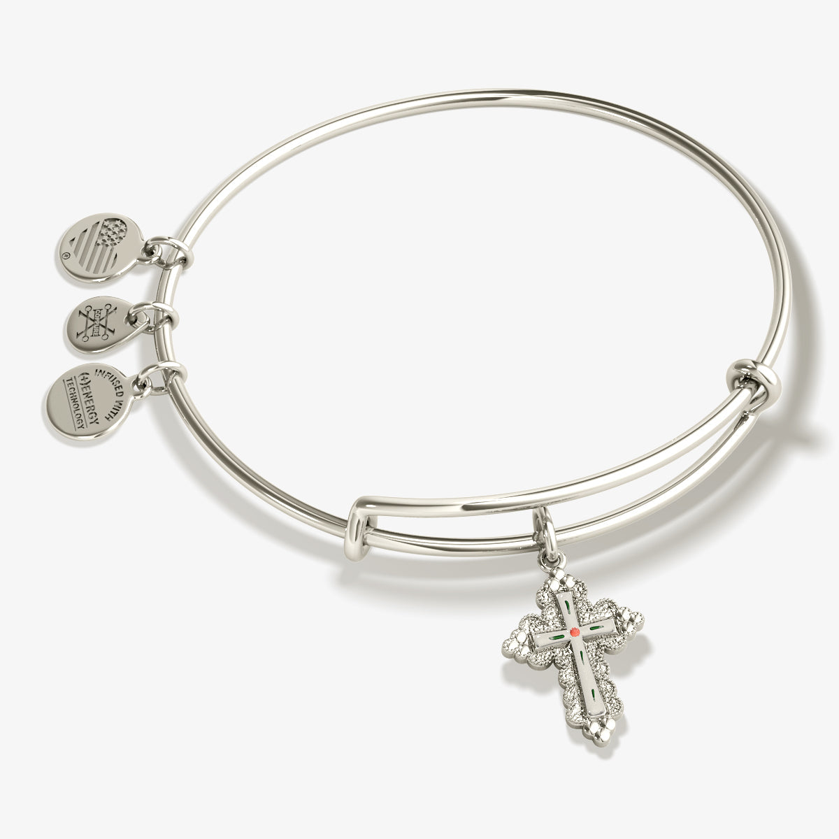 Floral Cross Charm Bangle Bracelet Silver