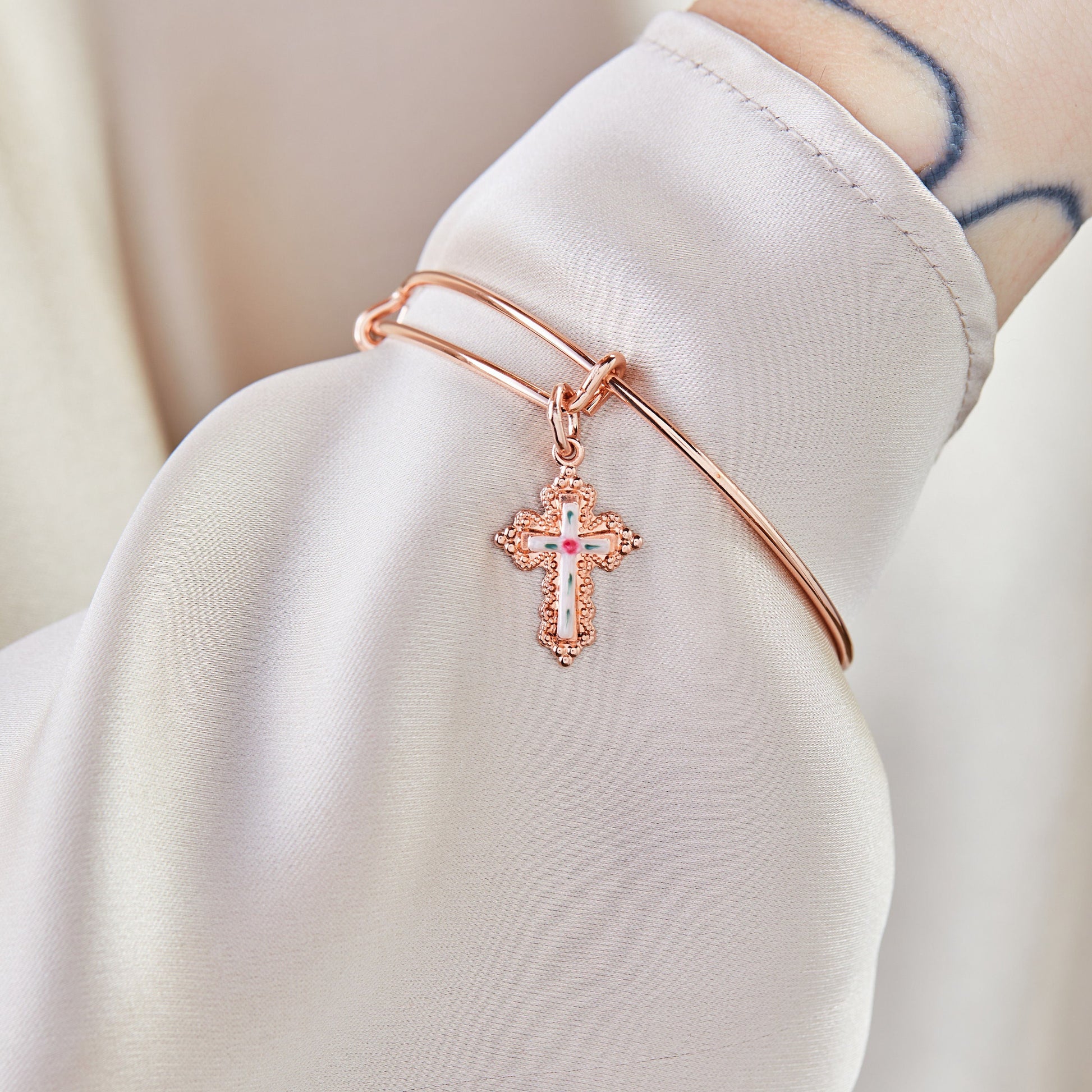 Floral Cross Charm Bangle Bracelet Silver