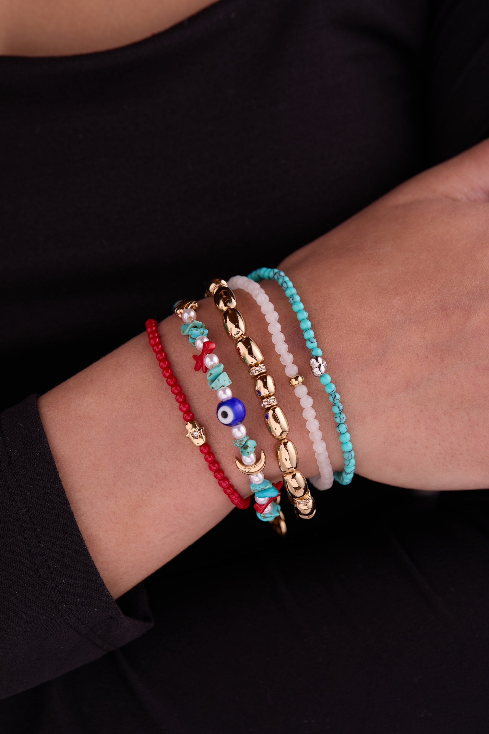 Coral Hamsa Mini Stretch Bracelet Stainless Steel Gold