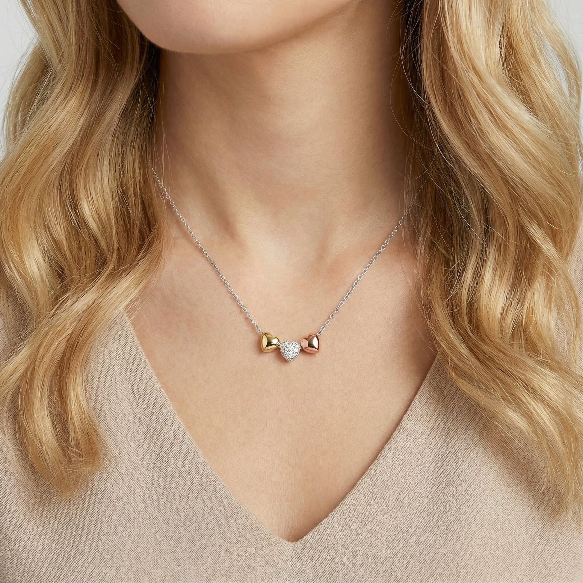 Crystal Heart Slider Necklace Tri-Tone