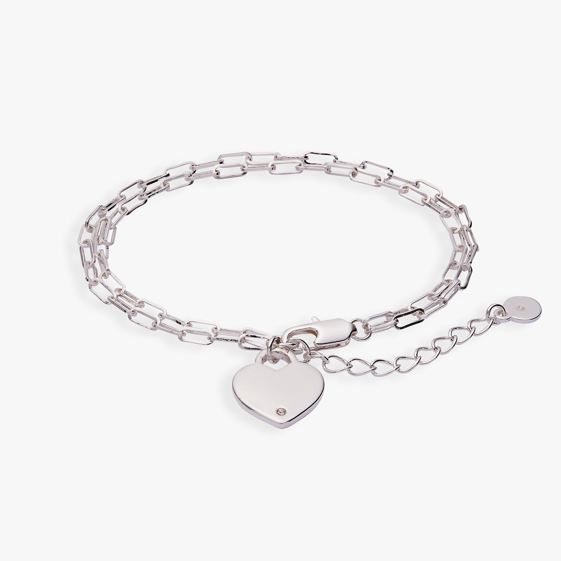 Heart Charm Double Paperclip Chain Bracelet Silver