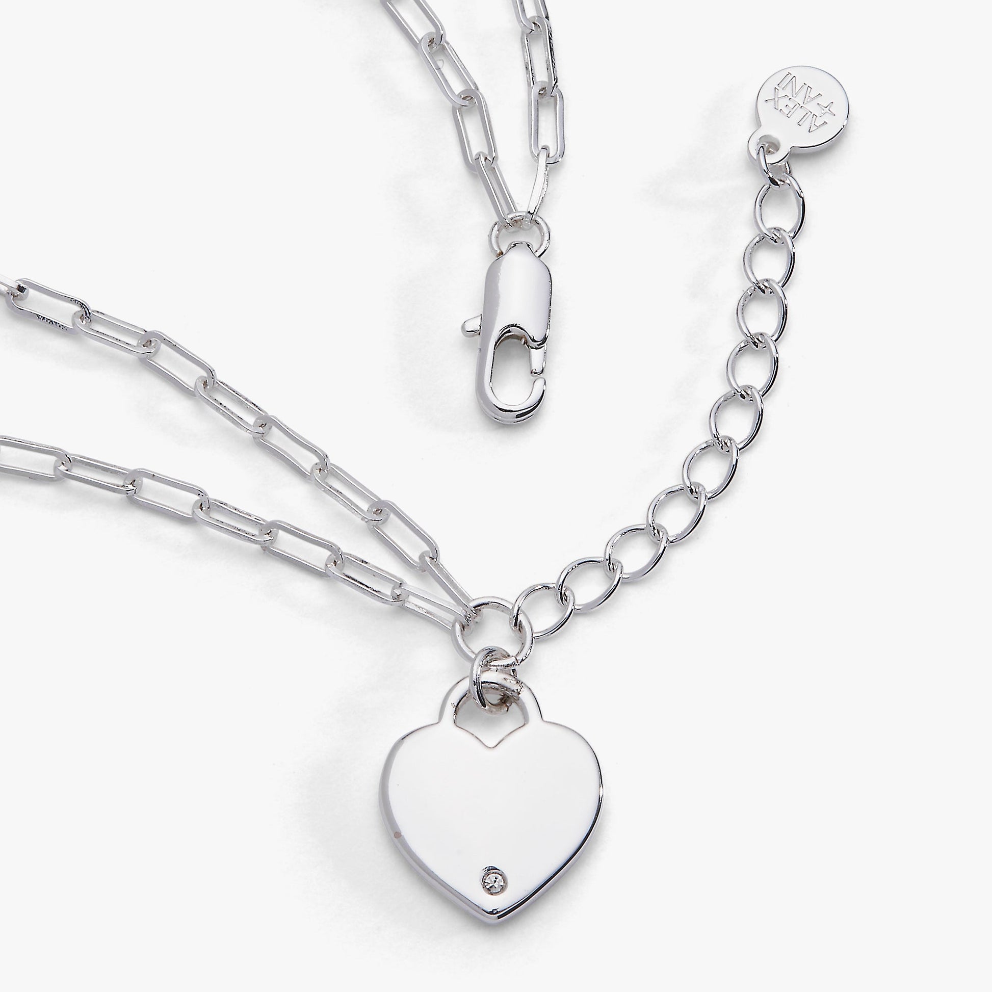 Heart Charm Double Paperclip Chain Bracelet Silver