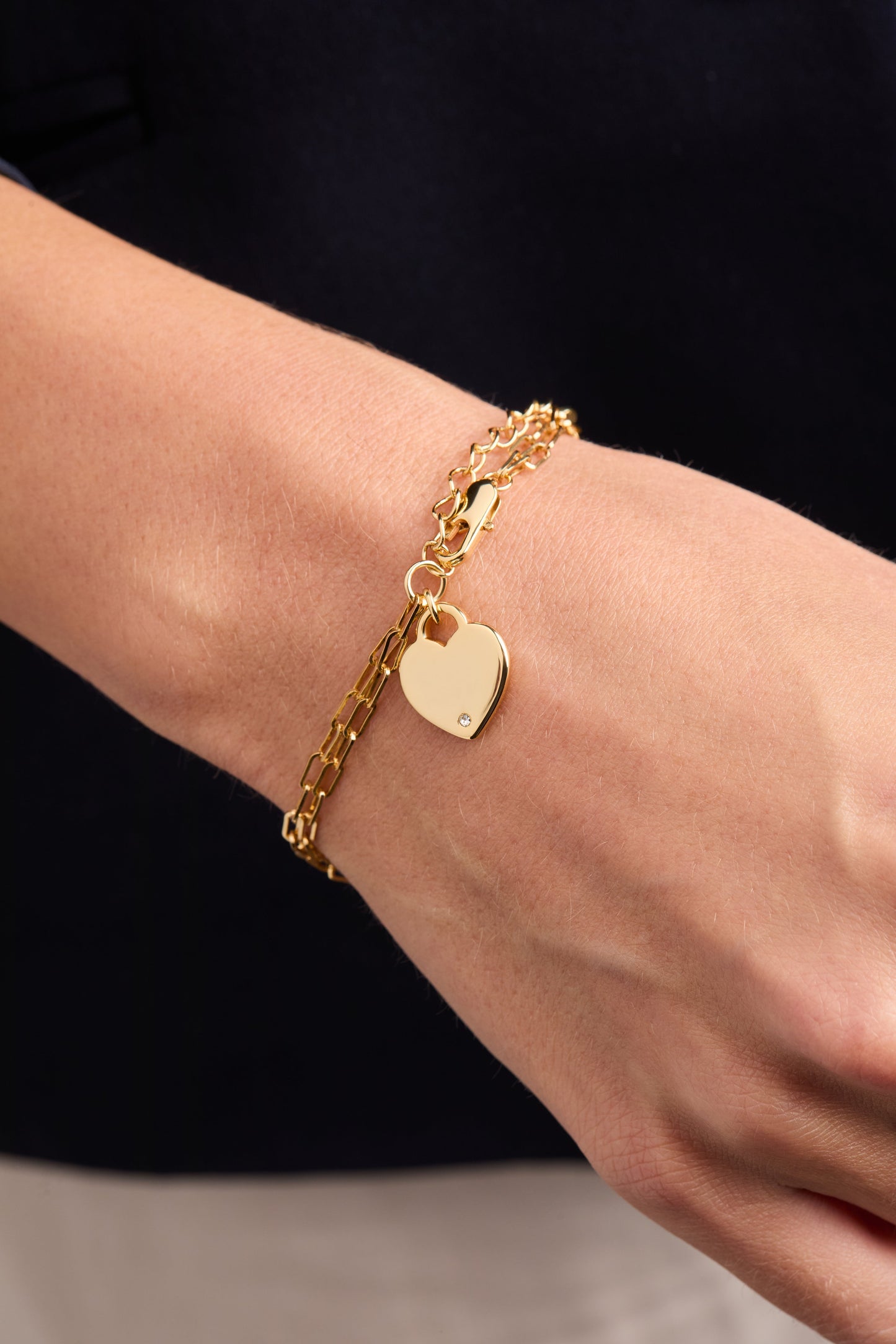 Heart Charm Double Paperclip Chain Bracelet Silver