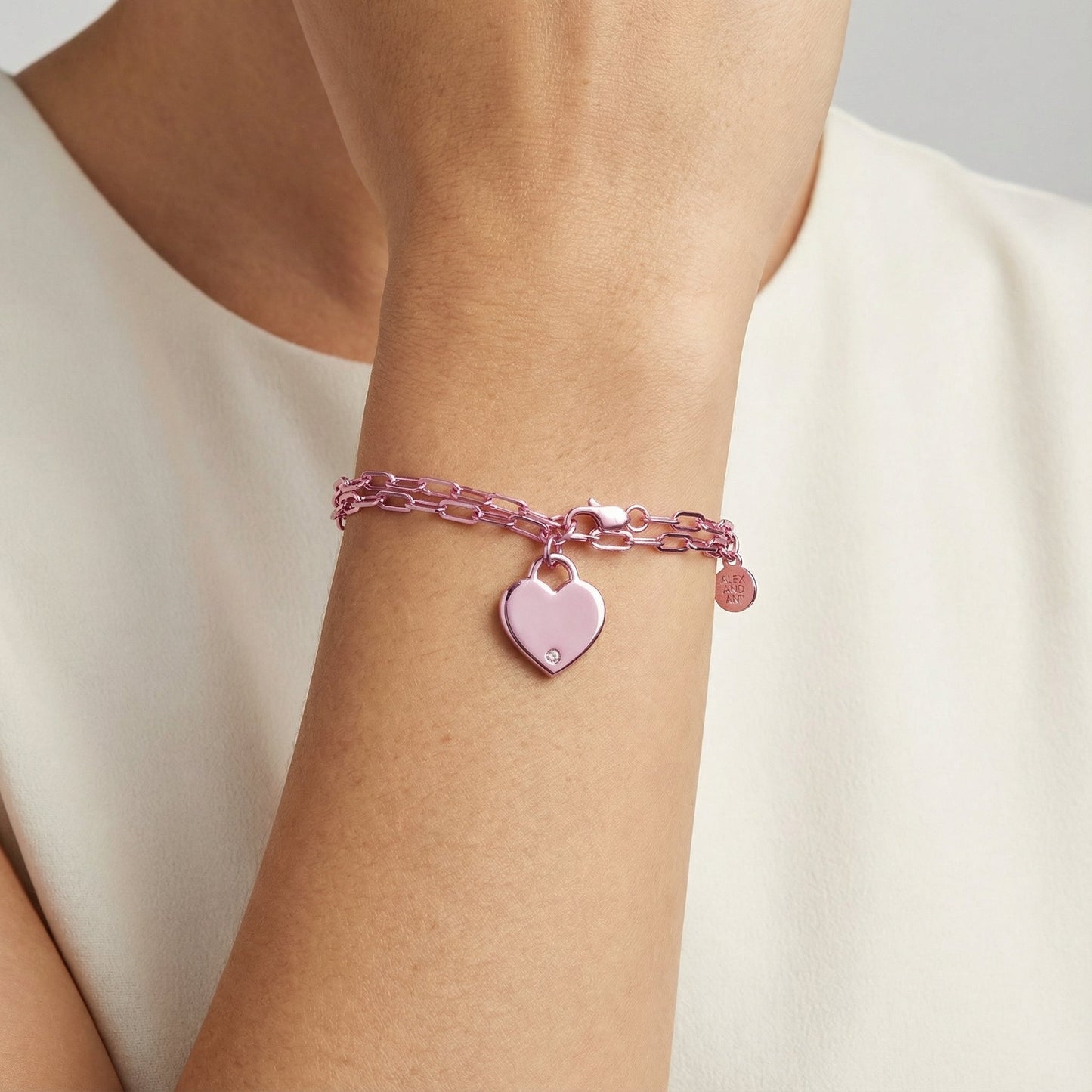 Heart Charm Double Paperclip Chain Bracelet Silver