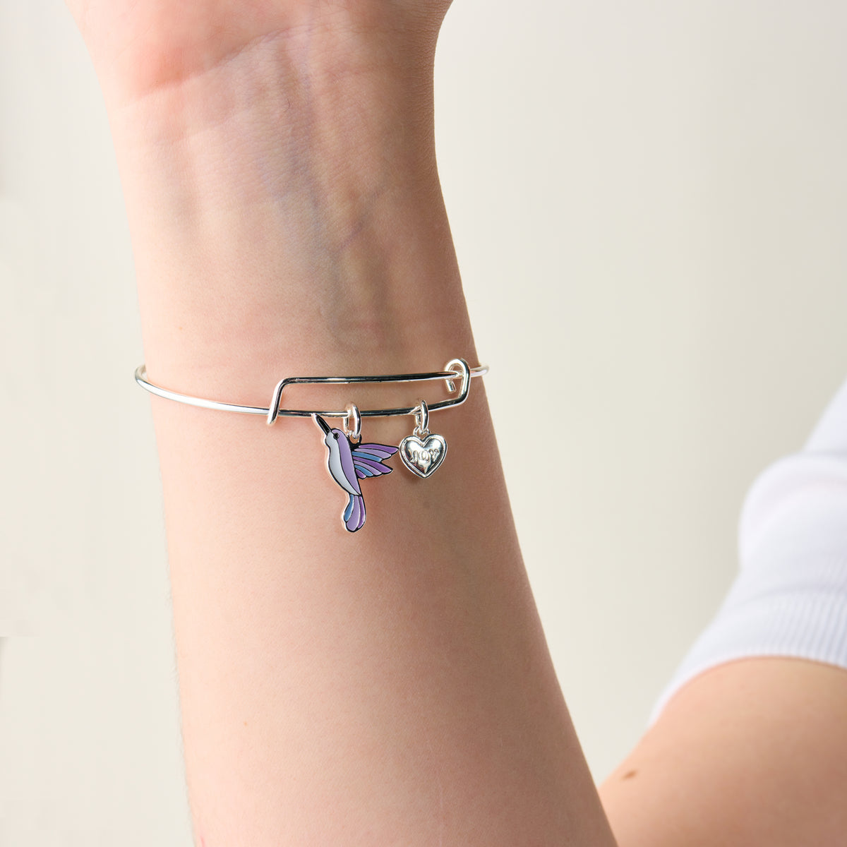 Joy' Hummingbird Duo Charm Bangle Bracelet Silver