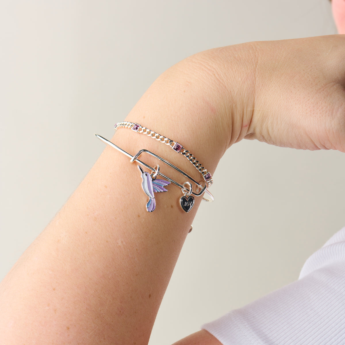 Joy' Hummingbird Duo Charm Bangle Bracelet Silver