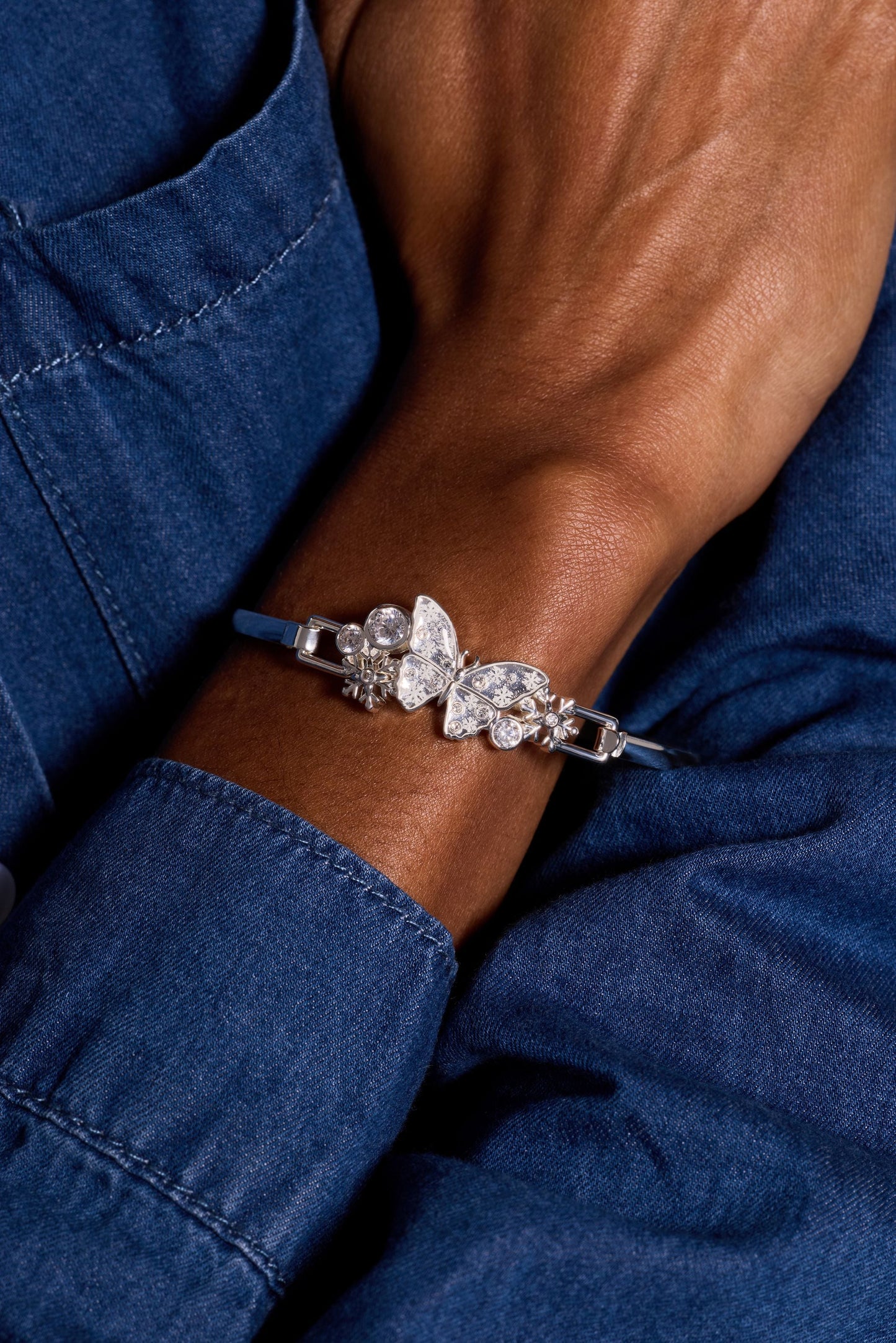 Glass Butterfly Tension Bangle Silver