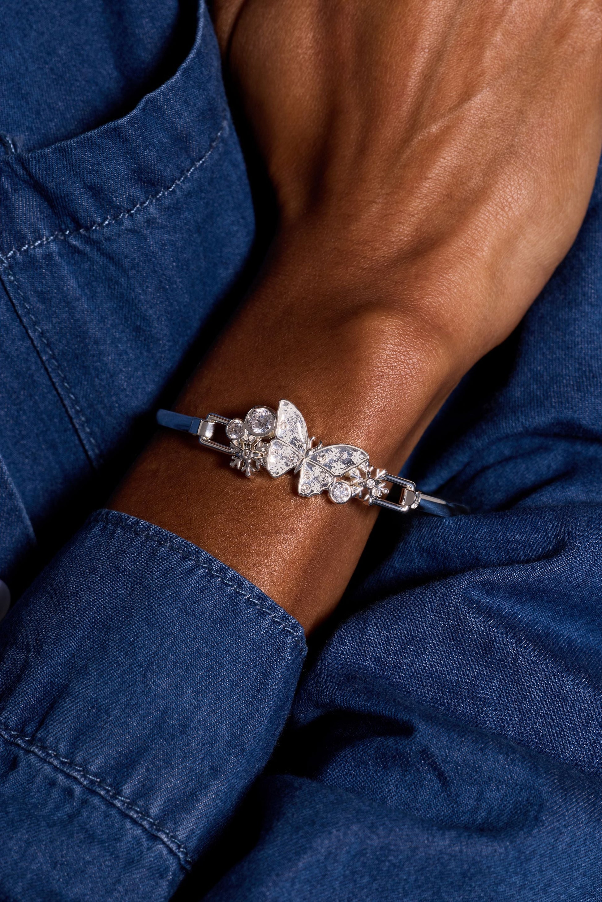 Glass Butterfly Tension Bangle Silver