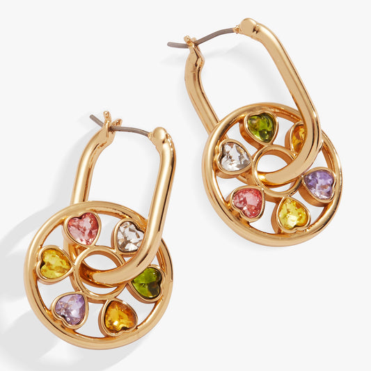 Heart Crystal Wheel Hoop Earrings Gold