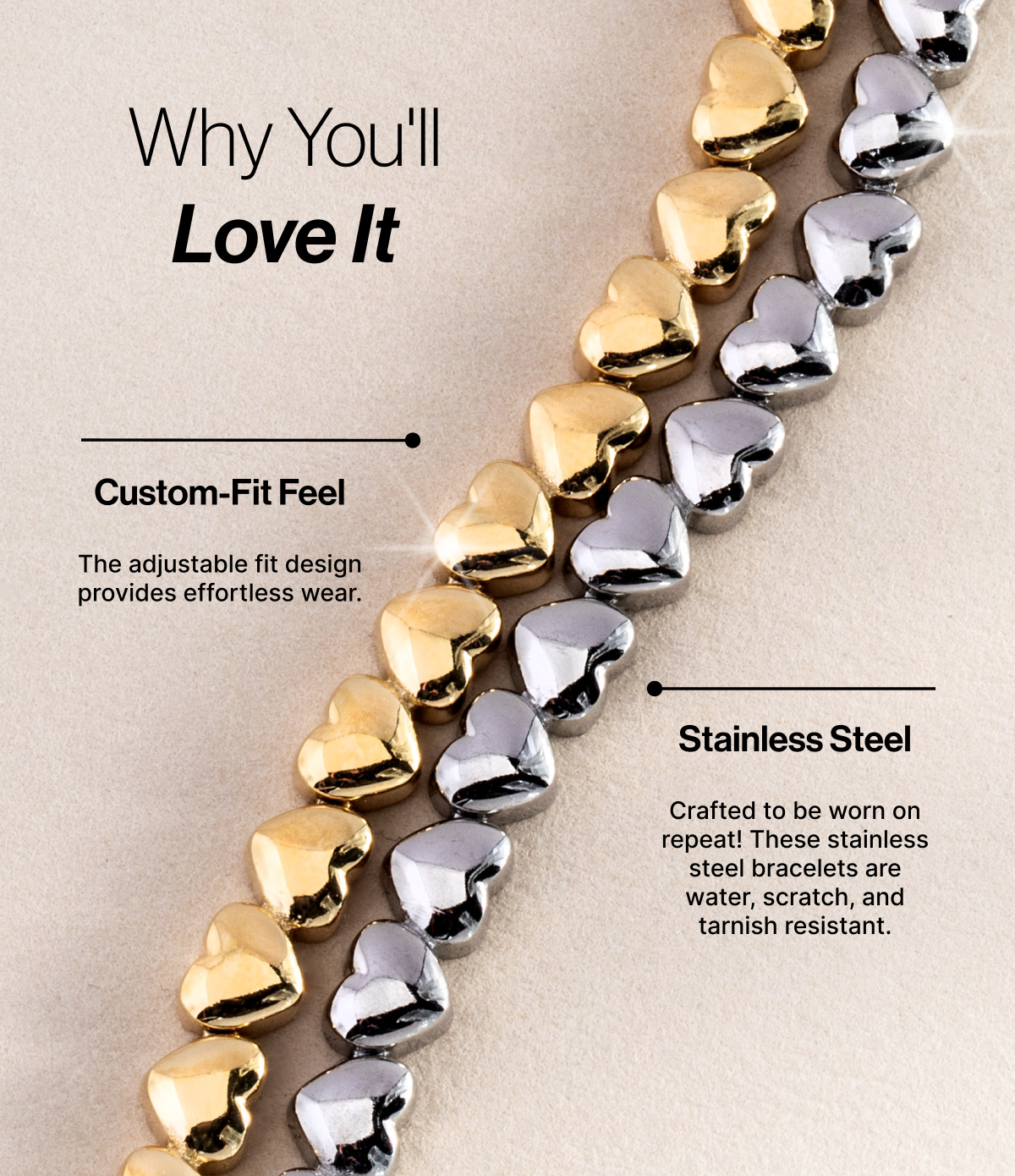 Heart Charm Tennis Bracelet Stainless Steel Gold