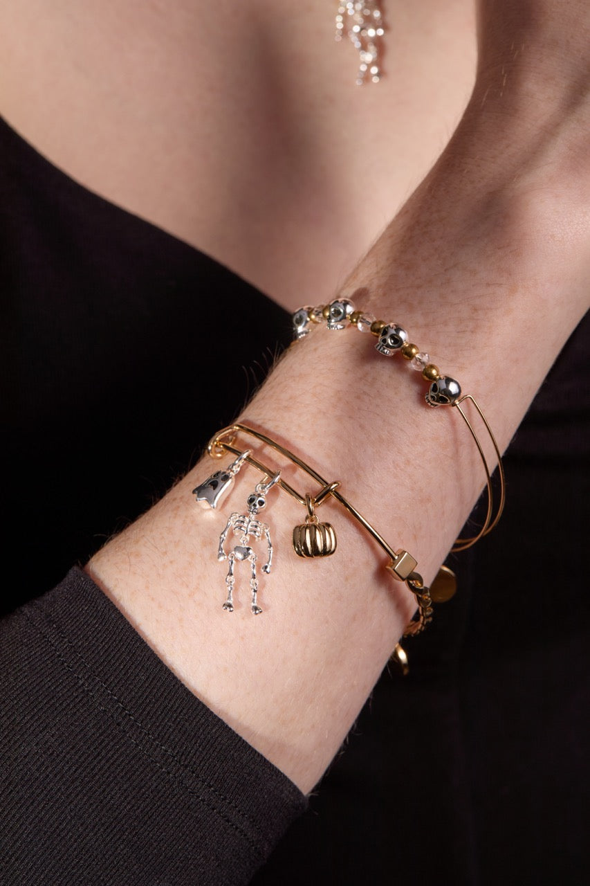 Halloween Trio- Ghost, Skeleton, Pumpkin Charm Bangle Two Tone