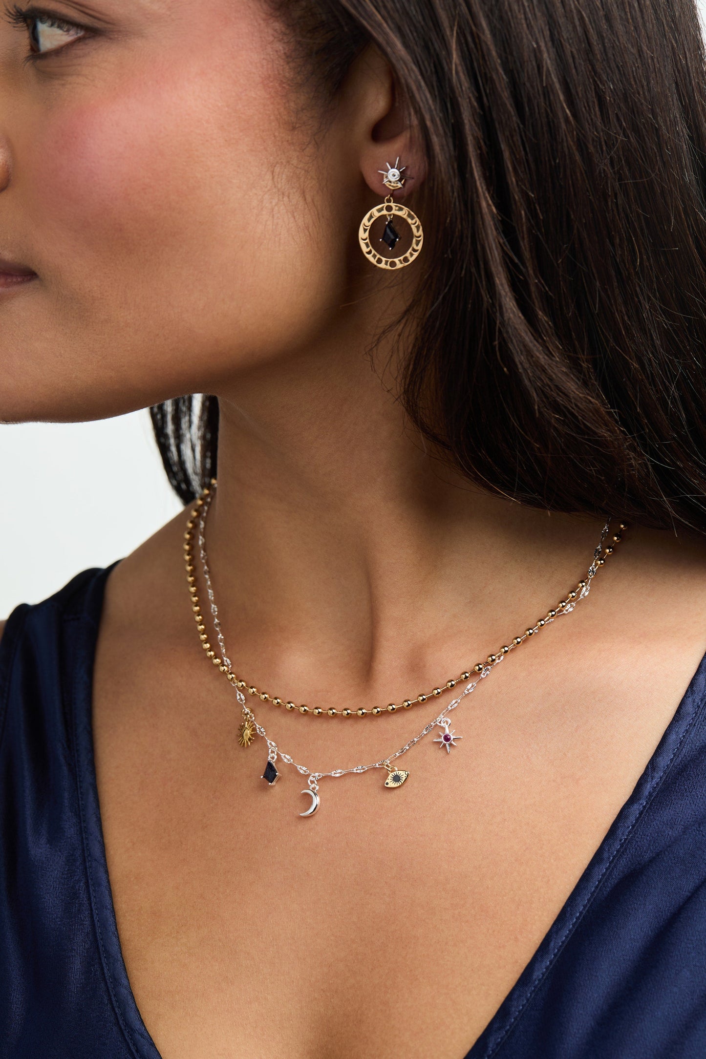 Moon Magic 2 Row Charm Necklace Two Tone