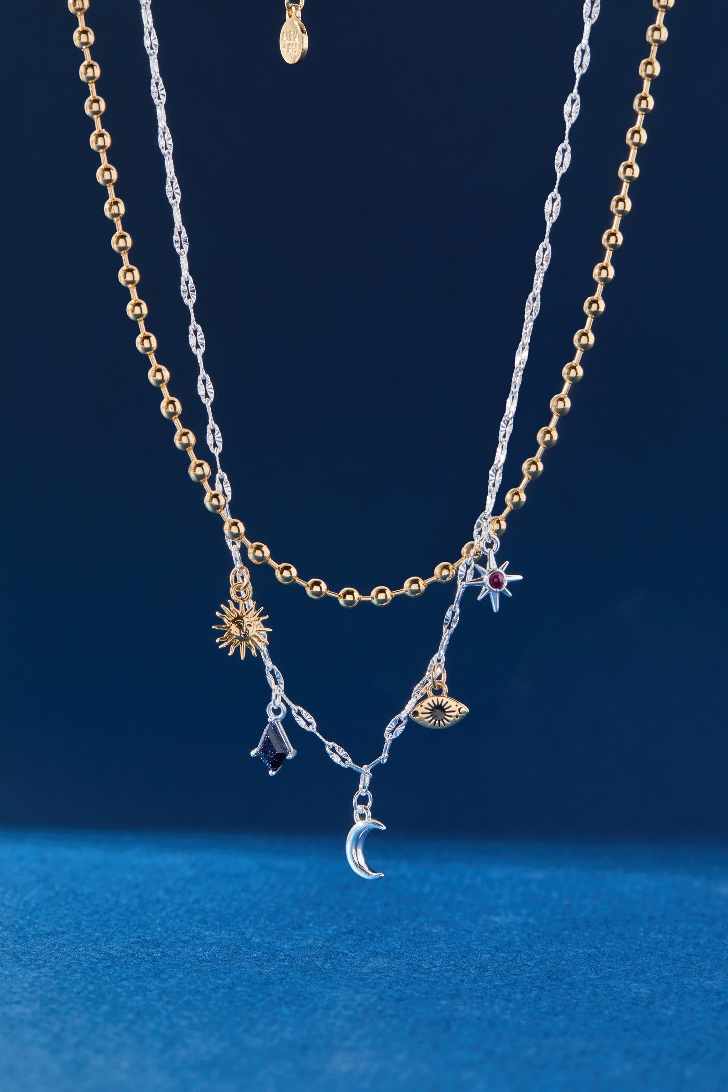 Moon Magic 2 Row Charm Necklace Two Tone