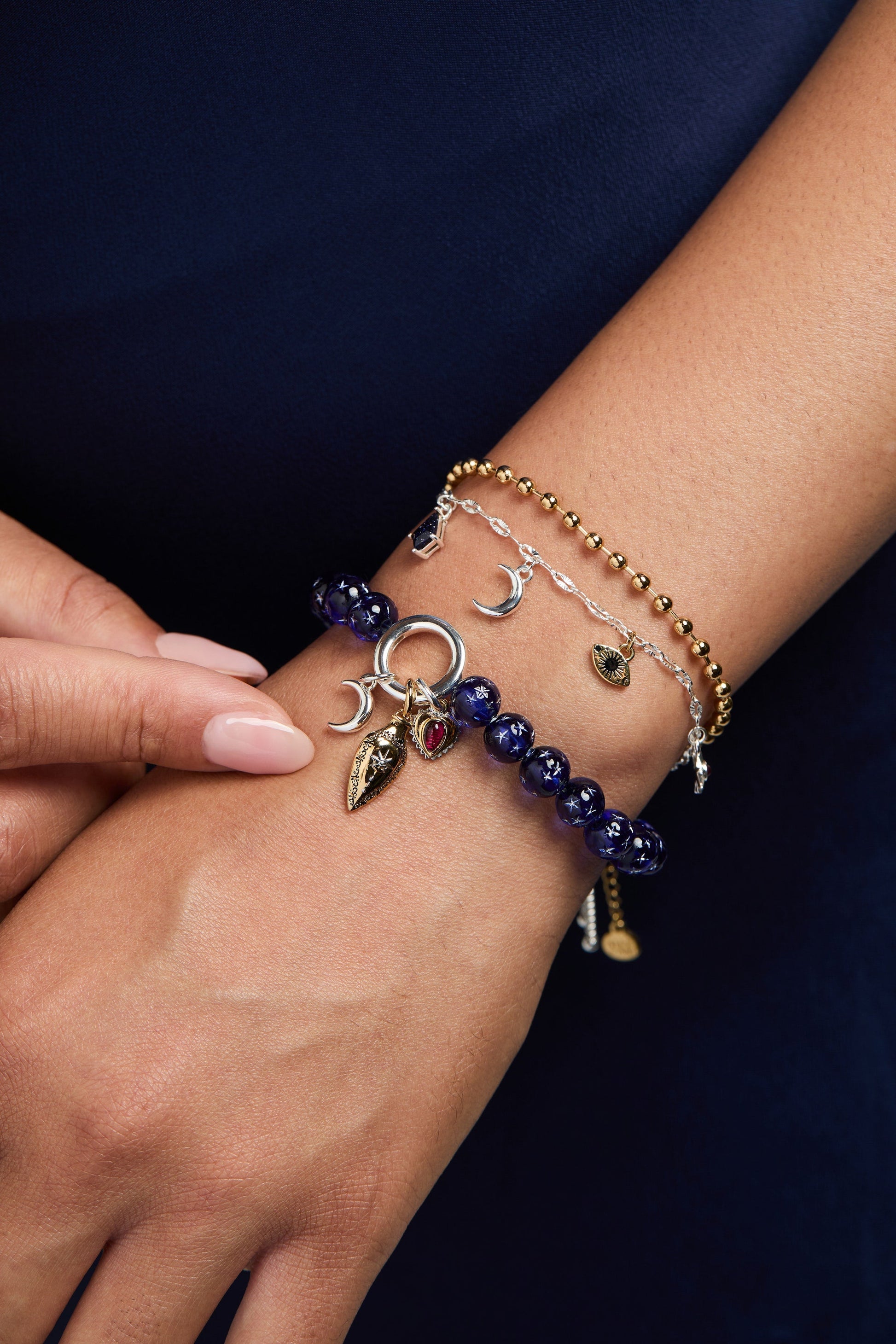 Moon Magic Beaded Charm Bolo Bracelet Two Tone