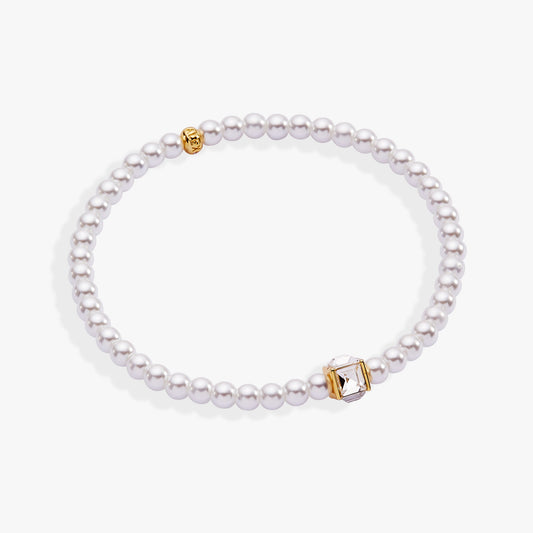 Crystal and Pearl Beaded Stretch Bracelet Gold