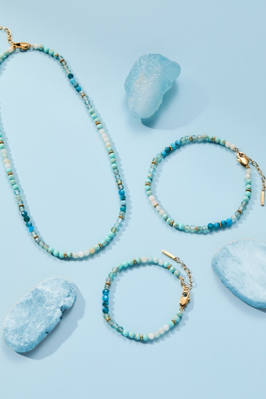 Turquoise Ombre Semi-Precious Beaded Necklace Stainless Steel Gold
