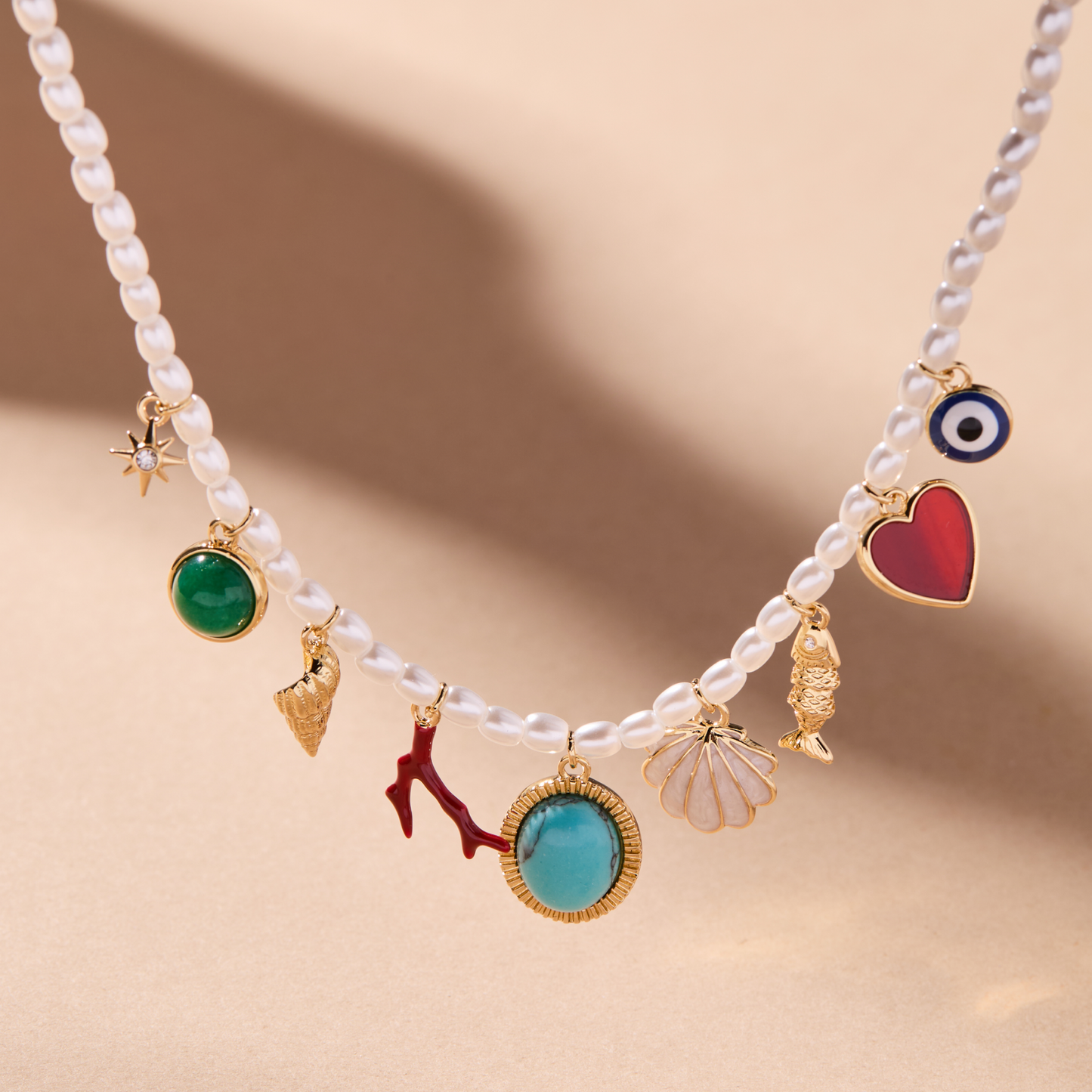 Moonlight Beach Pearl Charm Necklace Gold