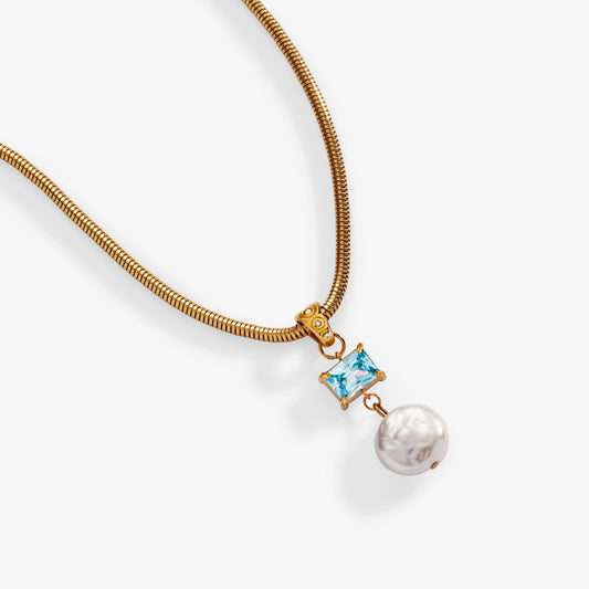 Coin Pearl Drop Pendant Necklace Stainless Steel Gold