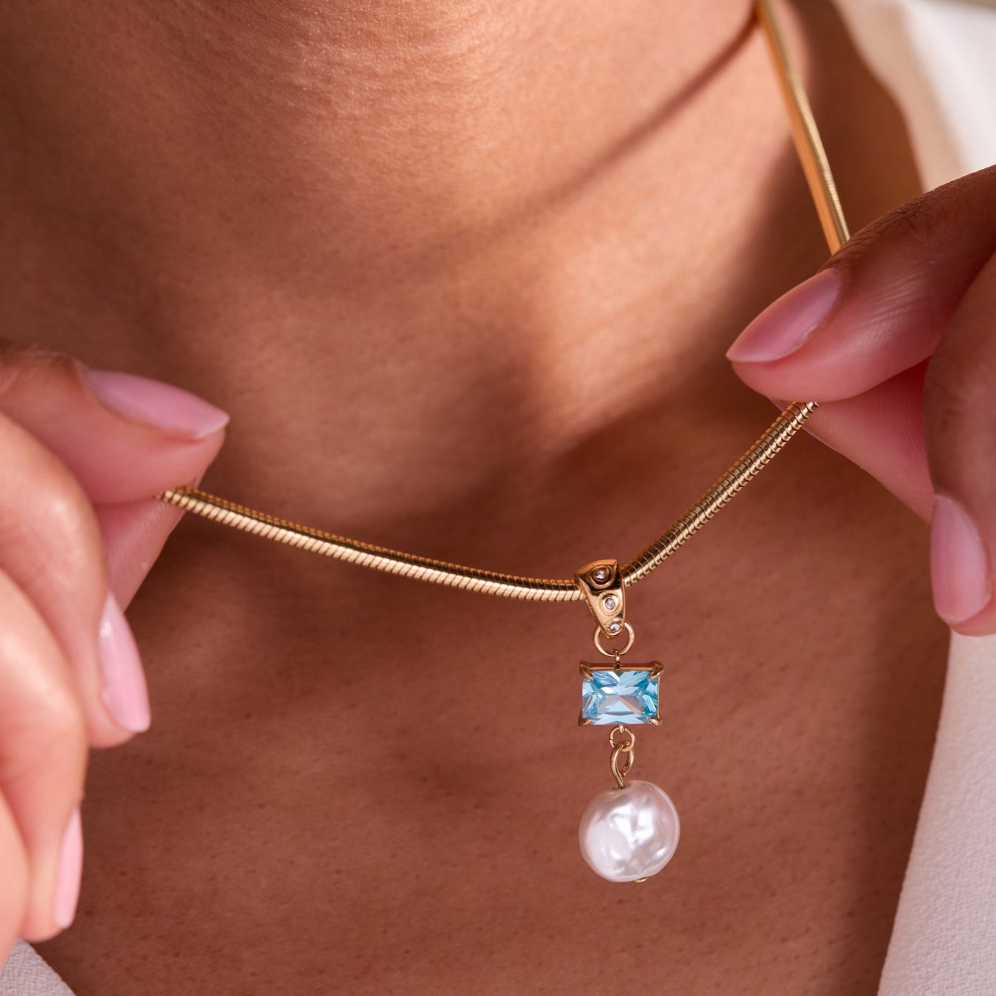 Coin Pearl Drop Pendant Necklace Stainless Steel Gold