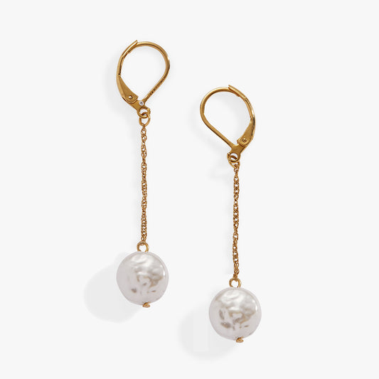 Coin Pearl Lever Back Earring Stainless Steel Gold