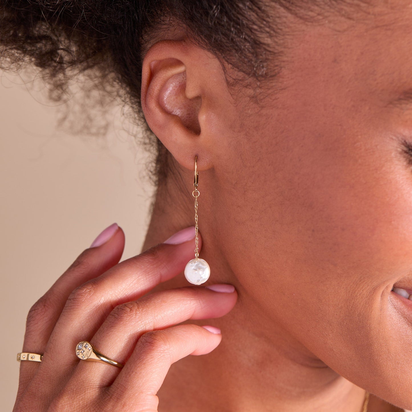 Coin Pearl Lever Back Earring Stainless Steel Gold