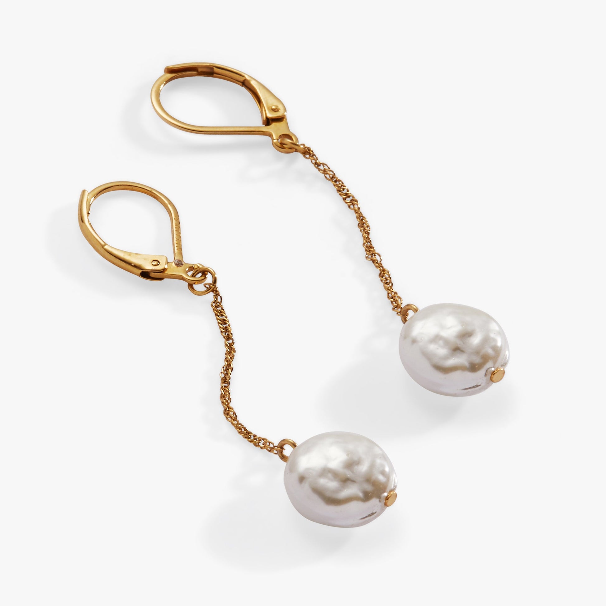Coin Pearl Lever Back Earring Stainless Steel Gold