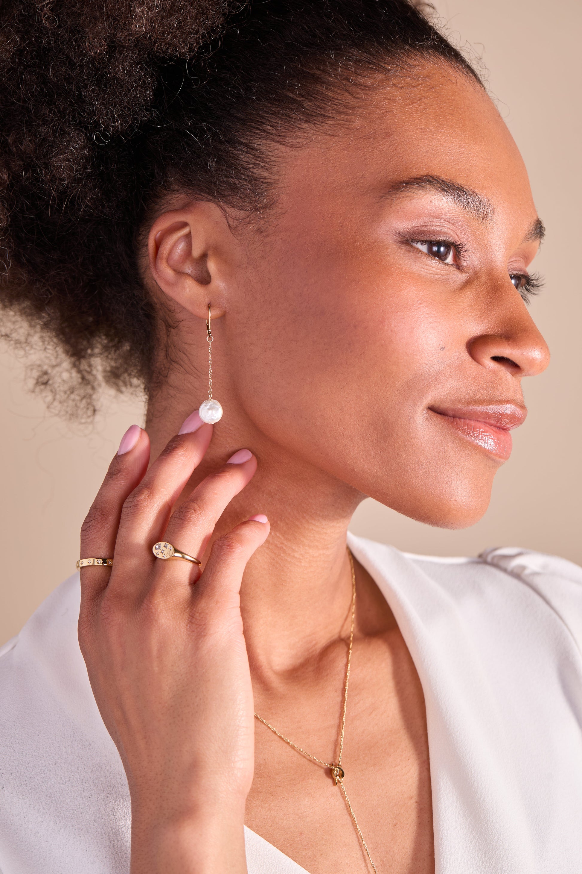 Coin Pearl Lever Back Earring Stainless Steel Gold