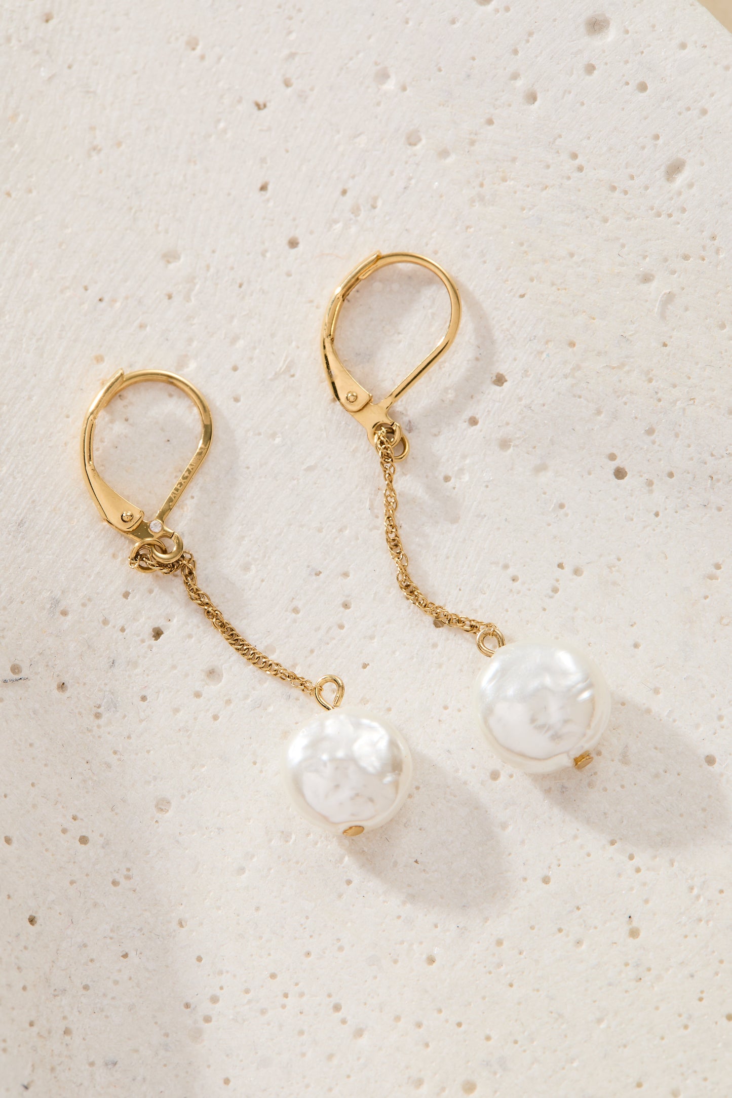 Coin Pearl Lever Back Earring Stainless Steel Gold