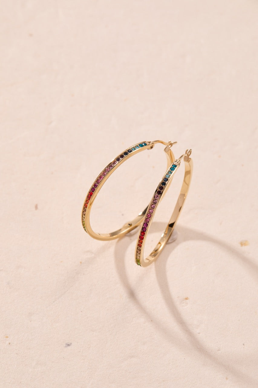 Rainbow Ombre Pave Hoop Stainless Steel Gold