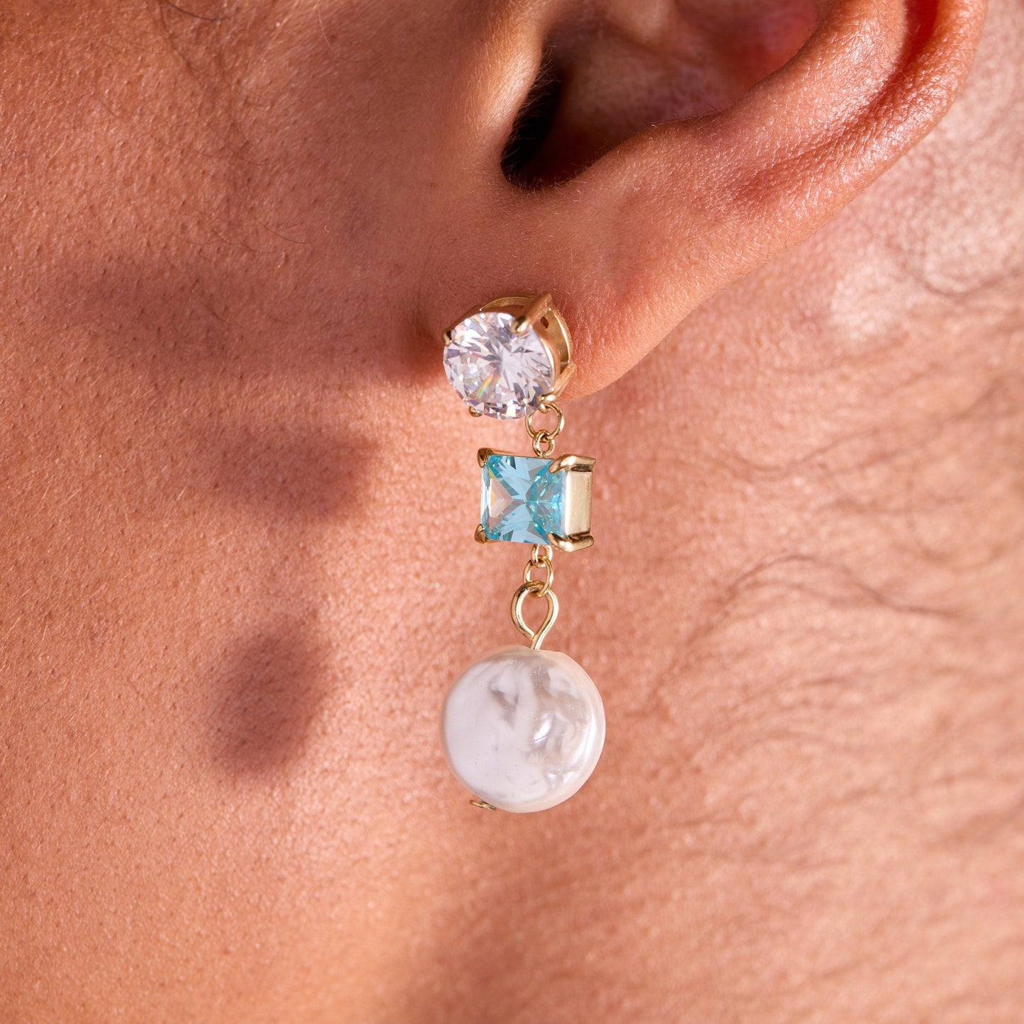 Coin Pearl Triple Drop Earring Stainless Steel Gold