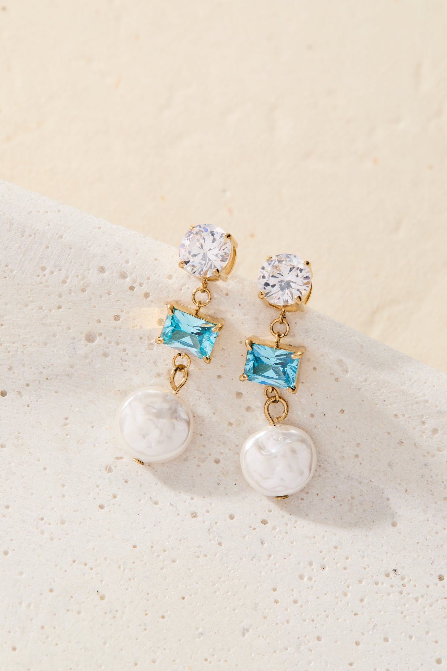 Coin Pearl Triple Drop Earring Stainless Steel Gold