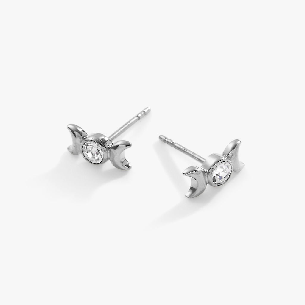 Crystal Moon Goddess Mini Stud Earrings Stainless Steel Silver