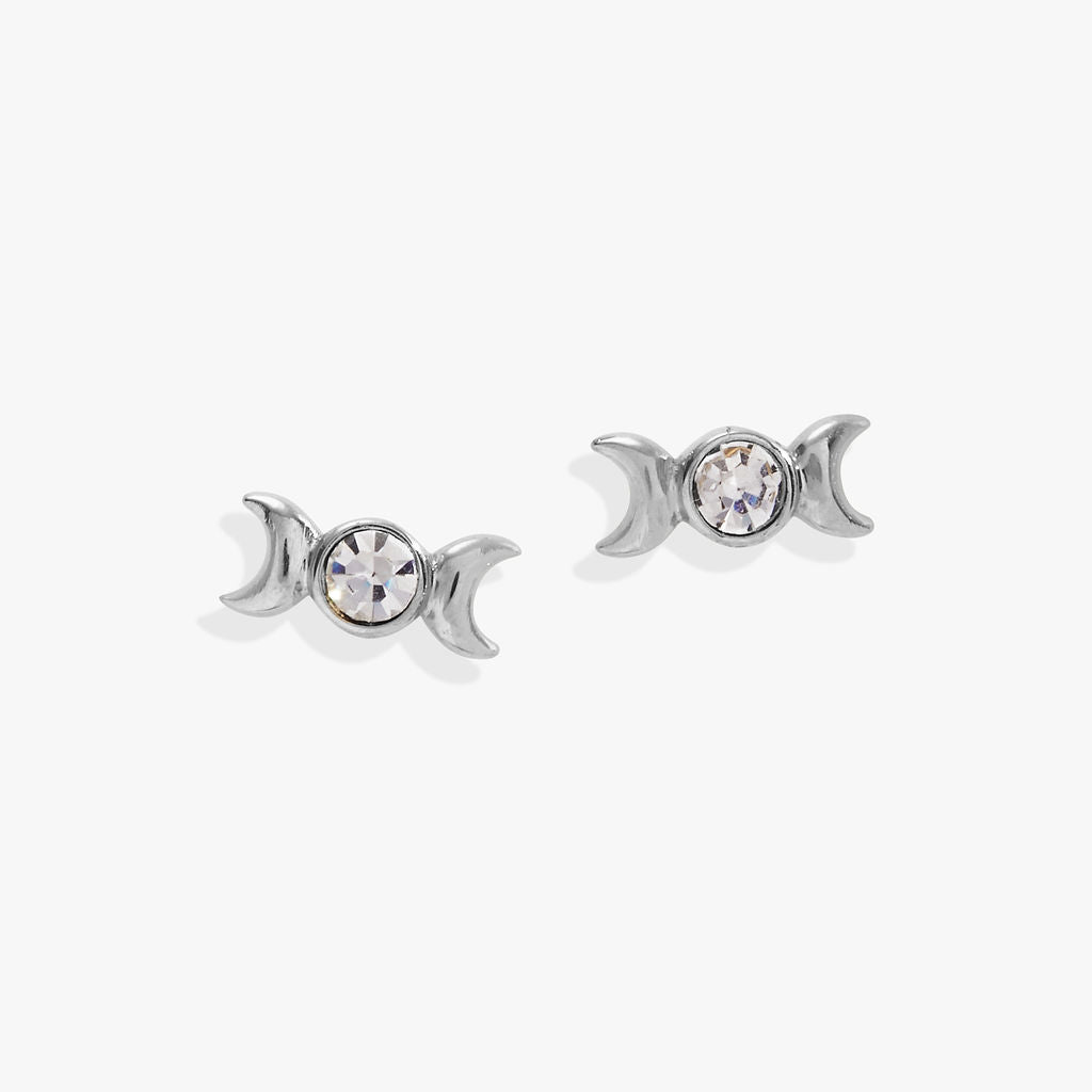 Crystal Moon Goddess Mini Stud Earrings Stainless Steel Silver
