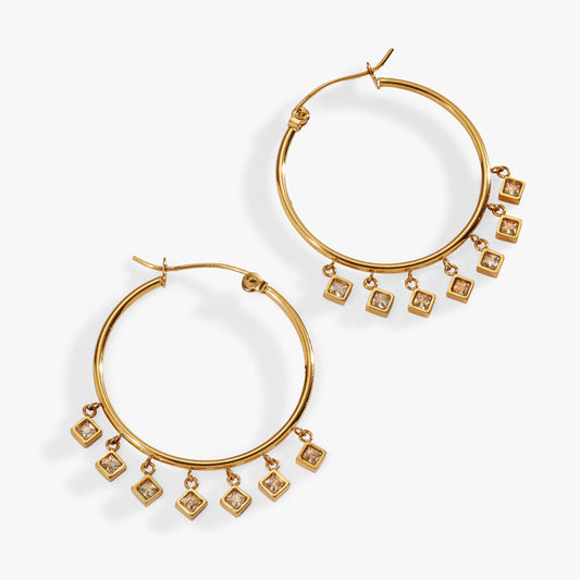 Princess Cut Stone Hoops Stainless Steel Gold